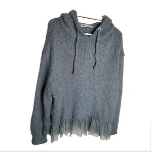 Zara Hoodie Knit Sweater Women's Small Blue Hooded Mesh Ruffle Wool Blend